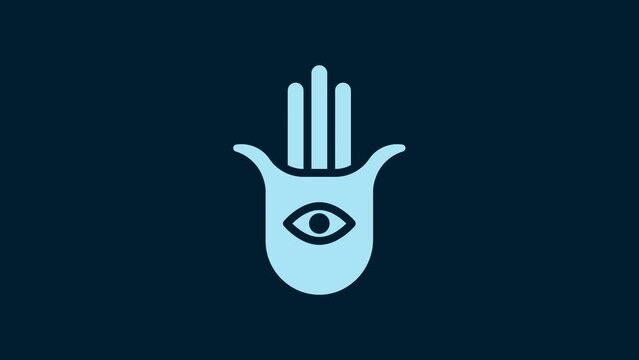 White Hamsa hand icon isolated on blue background. Hand of Fatima - amulet, symbol of protection from devil eye. 4K Video motion graphic animation
