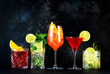 Most popular trendy cocktails set: aperol spritz, negroni, mojito, gin tonic and cosmopolitan on...