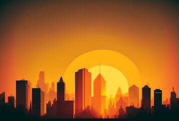 skyline at sunset, with the sun casting a golden glow over the buildings, representing the idea of leadership guiding a company to new heights (AI Generated)