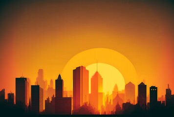 Naklejka premium skyline at sunset, with the sun casting a golden glow over the buildings, representing the idea of leadership guiding a company to new heights (AI Generated)