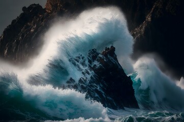 powerful wave crashing against a rocky coastline, representing the strength and determination of a leader to overcome challenges (AI Generated)
