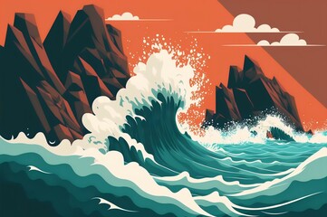powerful wave crashing against a rocky coastline, representing the strength and determination of a leader to overcome challenges, DIGITAL ART (AI Generated)