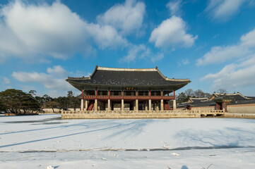 Snow winter of the palace Gyeongbokgung in Seoul, South Korea.