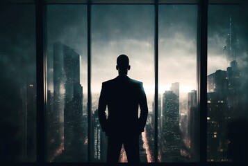 Fototapeta na wymiar a person in a suit standing in front of a large window in an office building, with the city skyline visible in the background, symbolising the power and success of business leadership (AI Generated)