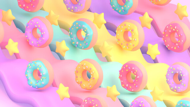 3d rendered colorful sweet donuts and stars.