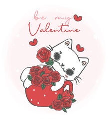 cute kawaii Valentine cat with roses cartoon, I love you, Romantic pet animal character hand drawing illustration vector.