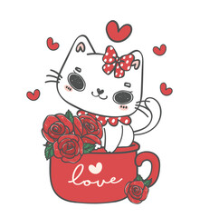 cute kawaii Valentine cat with roses cartoon, I love you, Romantic pet animal character hand drawing illustration vector. 