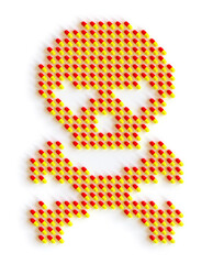 Close up Group of 3D Rendered Medicine Pills Arranged to Form the Shape of a Skull and Crossbones, Isolated on White Background