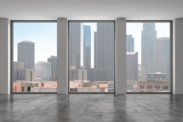 Fototapeta na wymiar Downtown Los Angeles City Skyline Buildings from High Rise Window. Beautiful Expensive Real Estate overlooking. Epmty room Interior Skyscrapers View Cityscape. day time. California. 3d rendering.