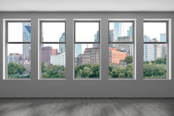 Obraz na płótnie Canvas Downtown Nashville City Skyline Buildings from High Rise Window. Beautiful Expensive Real Estate overlooking. Epmty room Interior Skyscrapers View Cityscape. Day time Tennessee. 3d rendering.