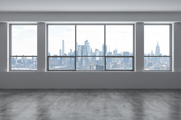 Plakat Downtown New York Manhattan City Skyline Buildings from High Rise Window. Beautiful Expensive Real Estate overlooking. Empty room Interior Skyscrapers View Cityscape. Day time. Midtown 3d rendering.