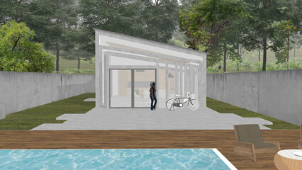 3D Illustration house surrounded by trees, abstract and modern facade, swimming pool, bicycle, background of giant trees