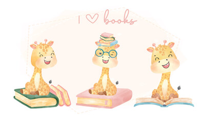 group of three cute watercolor happy nerdy kid giraffe sitting on books, I love reading, back to school cartoon childhood animal wildlife watercolor vector