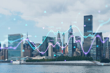 New York City skyline, United Nation headquarters over East River, Manhattan, Midtown at day time, NYC, USA. Forex graph hologram. The concept of internet trading, brokerage and fundamental analysis