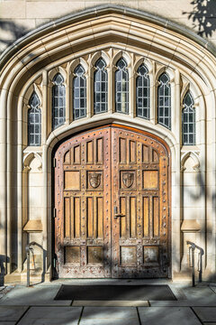 The massive wooden door of the medieval house