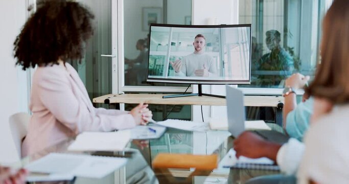 Video call, computer and business people in a meeting in the office planning a project together. Online meeting, collaboration and corporate team in group discussion working on strategy in workplace.