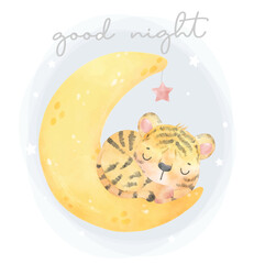 watercolor cute baby tiger sleeping on the cresents moon, good night, adorable wildlife animal cartoon character painting illustration