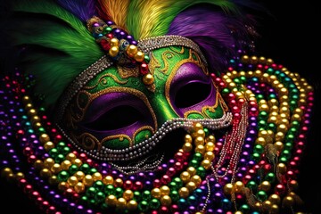 Mardi mask and beads in purple, gold, and green, (generative ai)