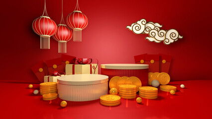 Happy chinese new year for party and podium celebrations with space for message Isolated in background. 3D illustration, 3D rendering
