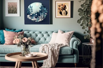 Boho inspired living room with muted blush pink and beige florals and a gallery wall of photos AI assisted finalized in Photoshop by me 