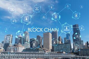 Seattle skyline with waterfront view. Skyscrapers of financial downtown at day time, Washington, USA. Decentralized economy. Blockchain, cryptography and cryptocurrency concept, hologram