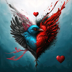Fototapeta premium Bird Heart, Blue and Red Paint, Generative AI