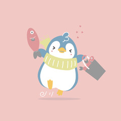 cute and lovely hand drawn penguin holding fish with heart, happy valentine's day, love concept, flat vector illustration cartoon character costume design