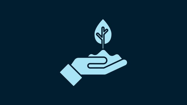 White Plant in hand of environmental protection icon isolated on blue background. Seed and seedling. Planting sapling. 4K Video motion graphic animation