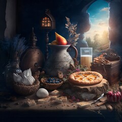 Fototapeta premium Fantasy Meets Food: A Magical and Delicious Illustration of a Dreamy and Elegant Concept of Creative Beauty and Light