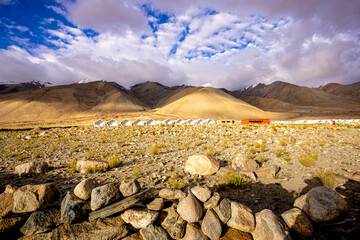 Tented tourist camp on lake pangong, Ladakh, India