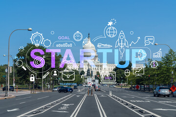 Plakat Capitol dome building exterior, Washington DC, USA. Home of Congress and Capitol Hill. American political system. Startup company, launch project to seek and develop scalable business model, hologram