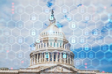 Obraz na płótnie Canvas Capitol dome building exterior, Washington DC, USA. Home of Congress and Capitol Hill. American political system. The concept of cyber security to protect confidential information, padlock hologram