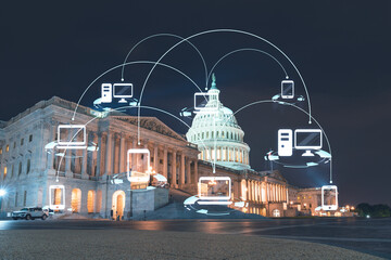 Front view, Capitol dome building at night, Washington DC, USA. Illuminated Home of Congress and...