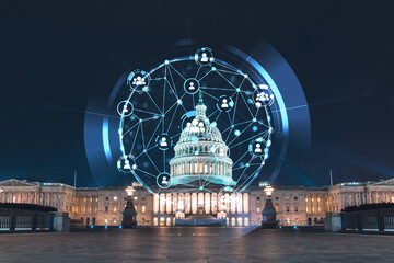 Front view, Capitol dome building at night, Washington DC, USA. Illuminated Home of Congress and Capitol Hill. Social media hologram. Concept of networking and establishing new people connections - obrazy, fototapety, plakaty