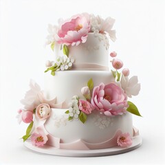 Wedding cake 3 tiers beautiful white rose flowers, generative ai