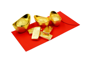 Traditional chinese gold ingots or bullion nugget with 4 chinese words Zhao Cai Jin Bao mean wish you wealth and success with gold bars and red envelope