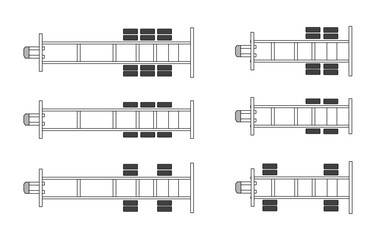 Truck trailer chassis and wheel type set, top view,  vector line 
 - obrazy, fototapety, plakaty