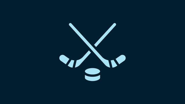 White Ice hockey sticks and puck icon isolated on blue background. Game start. 4K Video motion graphic animation