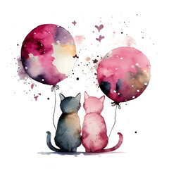 Two cat sit side by side, Watercolor card for template. illustration with kittens and balloon....