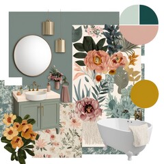 a guest bathroom inspired by cozy vibes and muted boho florals collage art board, AI assisted finalized in Photoshop by me 
