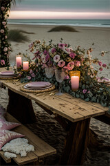 a Valentines day boho picnic with soft blush and warm florals, candles, and rattan, AI assisted finalized in Photoshop by me 
