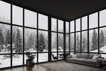 Beautiful Luxury Modern Living Room Interior in Winter Made with Generative AI