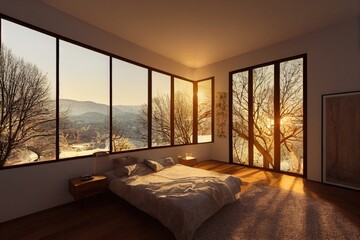 Beautiful Luxury Modern Minimal Loft Bedroom Interior in Winter at Golden Hour Made with Generative AI