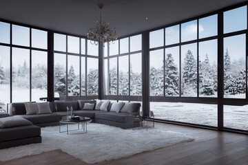 Grey Minimal Modern Living Room Interior with Floor to Ceiling Windows with Snowy Tree Views Made with Generative AI