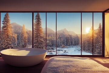 Cozy Bathroom Interior with Winter Mountain Views at Golden Hour Made with Generative AI