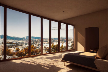 Ultra Modern Minimal Bedroom Interior with Beautiful Mountain Views Made with Generative AI
