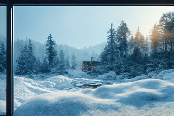 Beautiful Winter View out Window Into Snow Landscape Made with Generative AI
