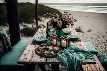 a Valentines day boho picnic with soft blush and warm florals, candles, and rattan, AI assisted finalized in Photoshop by me 
