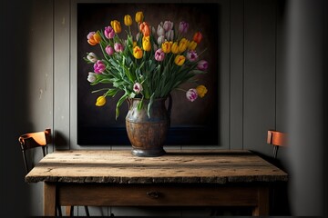 Fototapeta na wymiar a painting of a vase of tulips on a table with a lamp on it and a wooden table with a wooden table top and chair in front of the room with a painting.