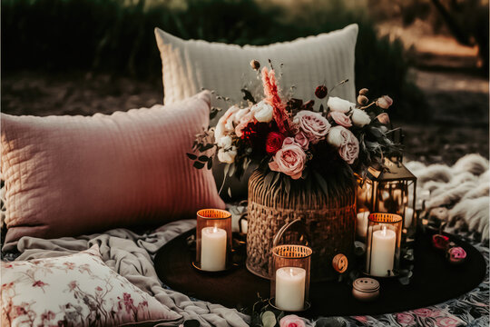 a Valentines day boho picnic with soft blush and warm florals, candles, and rattan, AI assisted finalized in Photoshop by me 
